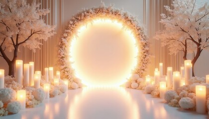 Elegant wedding altar setup with circular floral arch glowing warmly. Many candles and white trees create romantic ambiance. Ideal for ceremonies and celebrations.