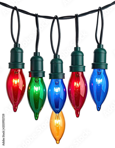 A string of colorful C7 Christmas lights hangs against a black background.