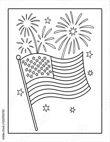 Waving american flag coloring page with fireworks and stars for north america events.