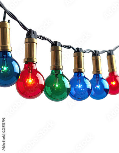 A string of festive colored light bulbs glows against a black background.