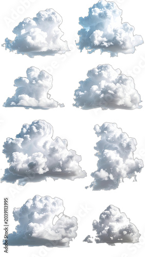 A collection of various puffy white clouds against a black background.