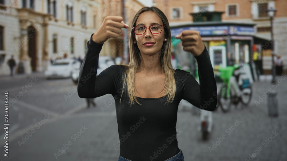 Fototapeta premium Woman with hands raised and fingers pinching in a pulling gesture on a street with kiosks and bicycles; confidence empowerment.
