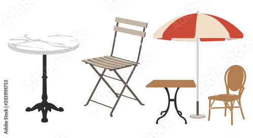 Canvas Print Outdoor cafe furniture set with tables chairs and patio umbrella