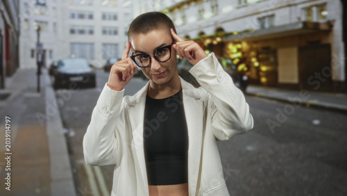 Quadro su tela Woman with short hair and glasses points finger at camera on city street, wearing white blazer and black crop top exposing midriff; assertive confidence invitation