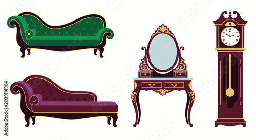 Photos Vintage Antique Furniture Set with Chaise Longues Dressing Table and Clock