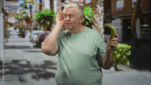 Фотография Man cupping ear while holding banana with right hand on a sunny street lined with palm trees and shops; absurdity confusion