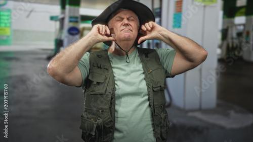 Fotografija Man fisherman plugs ears with fingers wearing fishing vest and hat in a building forecourt gas station; discomfort