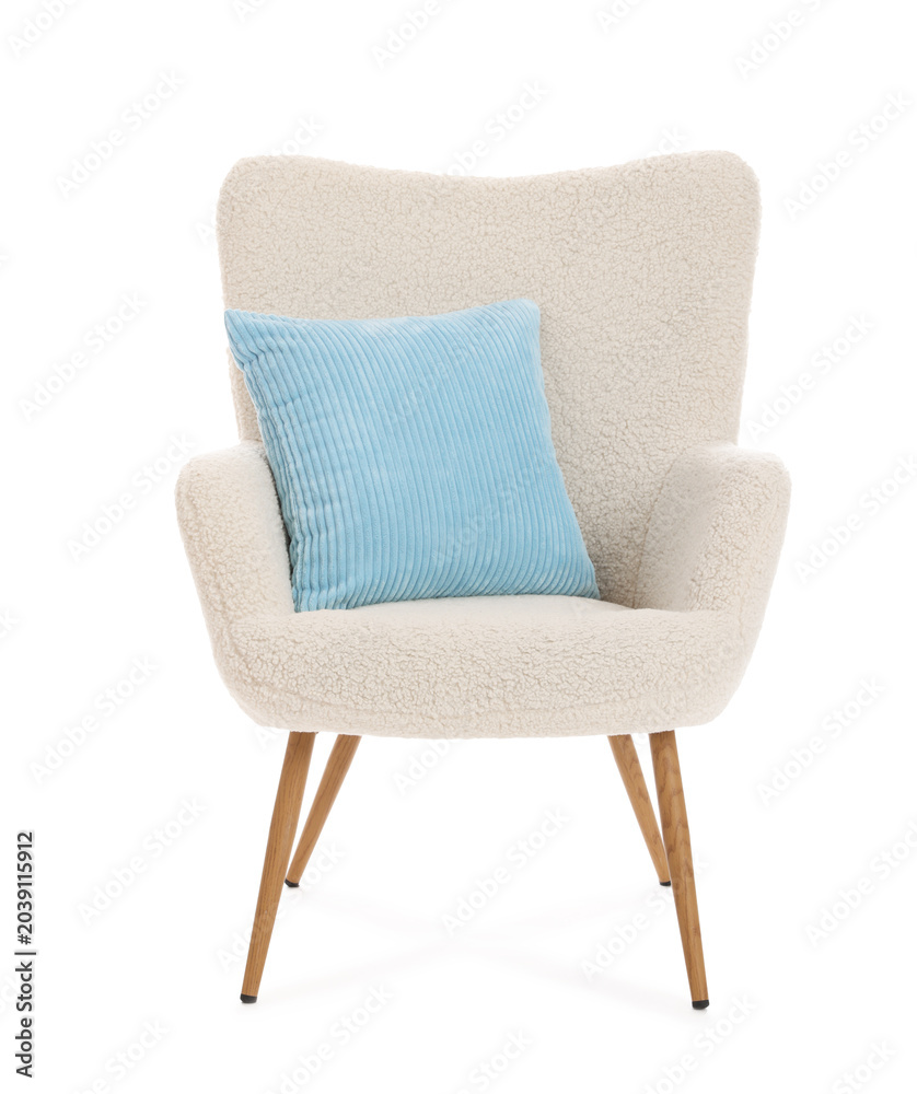 Fototapeta premium Comfortable armchair with cushion isolated on white