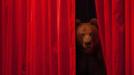 A brown bear peeks from behind red curtains.