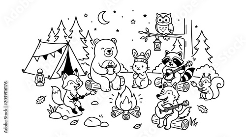 Group of animals around campfire outdoors.