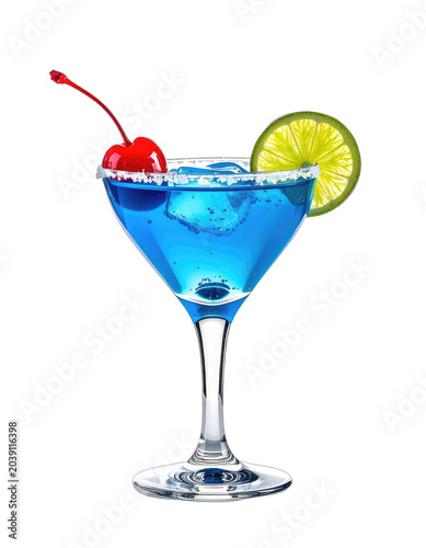 A vibrant blue cocktail garnished with a cherry and lime slice, presented against a black background.