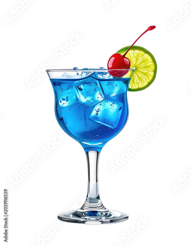 A vibrant blue cocktail with ice, a lime slice, and a cherry garnish against a black background.