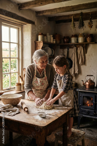 Grandmother Teaching Granddaughter To Knead Dough In Rustic Kitchen. AI Generated