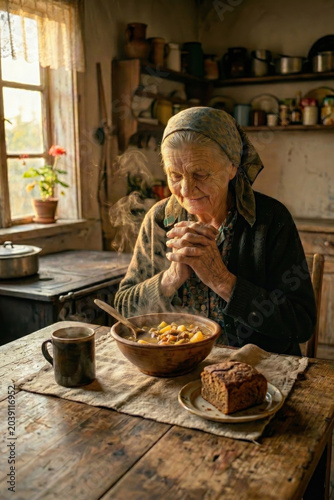 Senior Woman Praying Over Soup In Rustic Kitchen. AI Generated