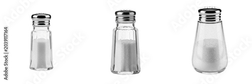Set of Salt Shaker PNG Elements, Clear Glass Salt and Pepper Shakers with Metal Lids Isolated on White Background, Perfect for Restaurant Menu, Food Photography, Kitchenware, and Culinary Design Proje