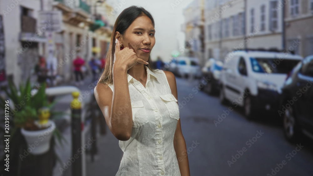 Fototapeta premium Thai woman shows call me gesture with thumb and pinky at ear, bare hand visible in a white sleeveless shirt on a street; playful charm.