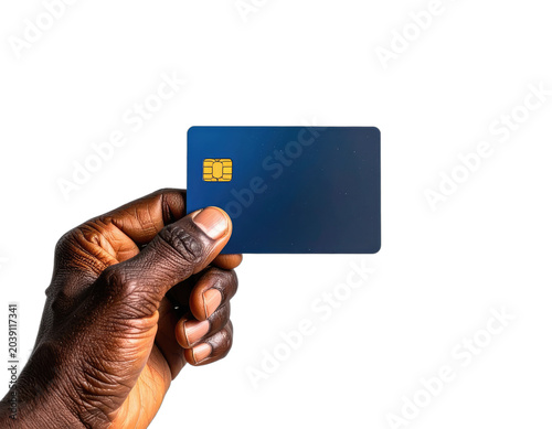 A person's hand holding a blue credit card with a chip against a black background.
