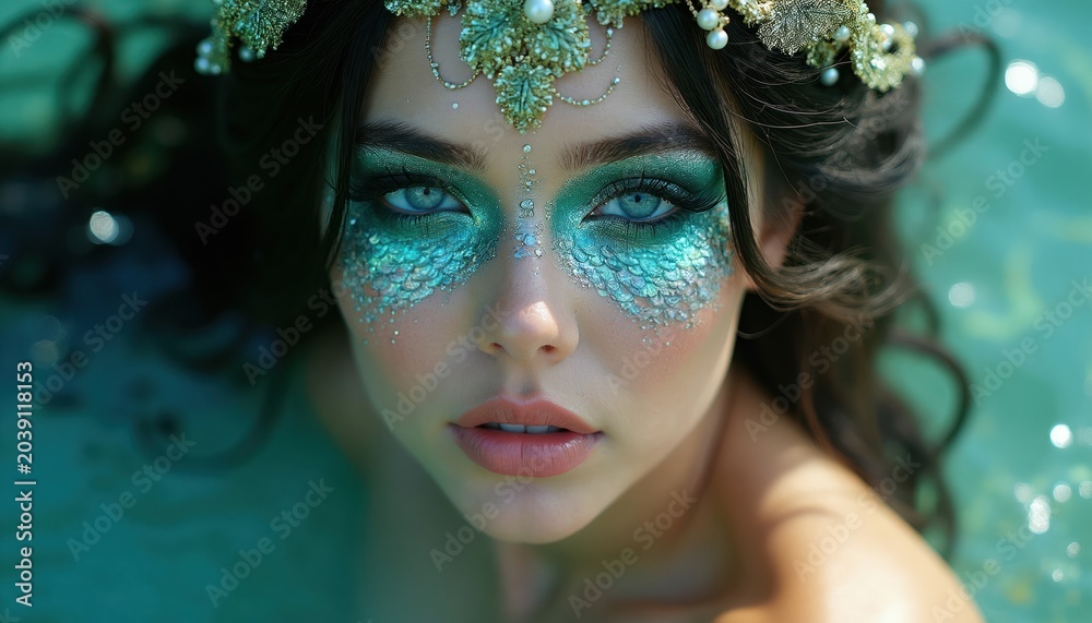 Obraz premium Woman with mermaid fantasy makeup with scales and shimmer. Blue green eyeshadow highlights her eyes. She wears pearl headband. Water background.