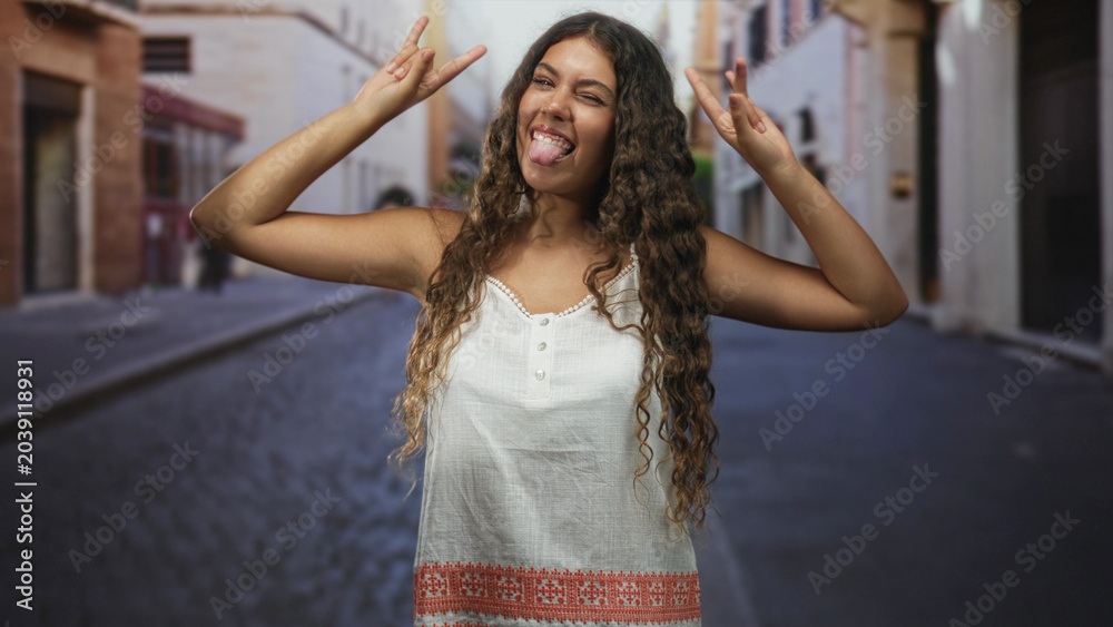 Fototapeta premium Hispanic teenage girl smiling, shows rock horns with both hands, wearing a white embroidered sundress and braces, on a cobblestone street lined with buildings; playful moment.