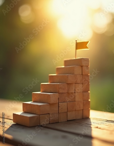 Wooden blocks form a staircase to a yellow flag symbolizing goal achievement and growth. Sunrise light illuminates the upward path towards success, representing ambition and overcoming challenges.
