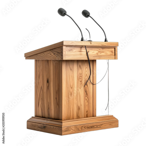 A wooden podium with two microphones stands ready for a speech.