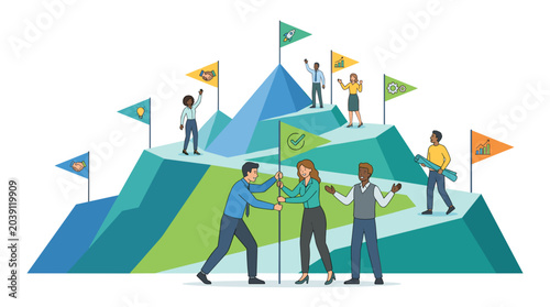 A team of diverse professionals plant a flag at the summit of a vibrant mountain, symbolizing achievement and reaching new heights. Workforce Productivity 2D vector illustration