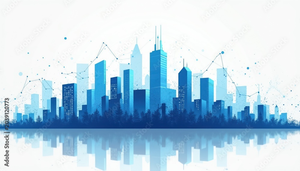 Fototapeta premium Blue abstract skyline with financial graph overlay. Modern city buildings reflect in water. Concept for business growth data analytics and urban development.