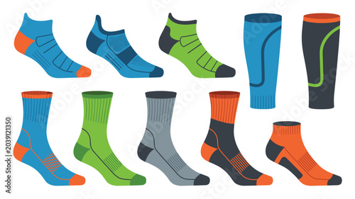 A variety of athletic socks and leg sleeves in blue and green tones are neatly arranged on a clean white studio background surface.