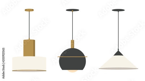 A trio of modern pendant lights featuring brass, black, and white finishes with minimalist geometric shapes hanging from ceiling cables!!
