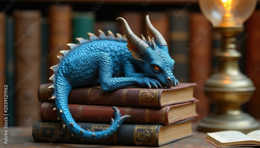 Obraz premium Blue dragon figurine rests on stack of old books. Vintage lamp glows nearby. Library background with shelves. Detailed scales, horns, and tail. Scholarly fantasy scene.