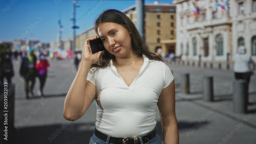Fototapeta premium Woman holding smartphone and looking at screen on a busy street by a historic building while raising one hand to phone; missed call frustration.