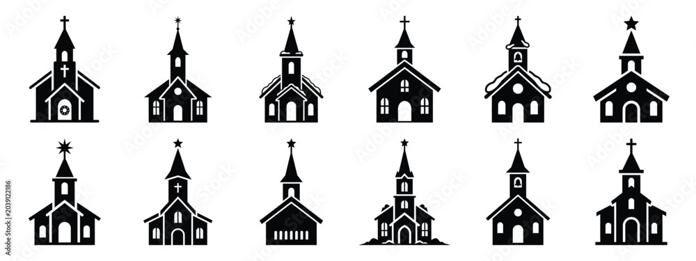 Obraz premium christmas church icon set silhouette Vector illustration. Christmas vector icons and white background.