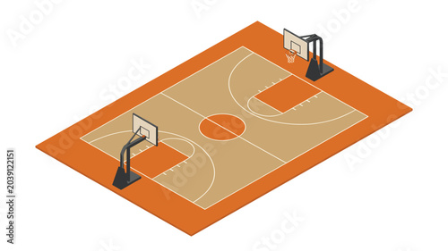An isometric basketball court displays an orange floor with painted white lines and two hoops positioned at the opposite ends of play.