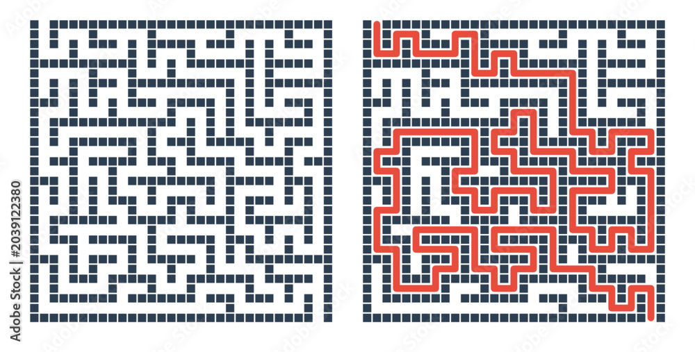 Fototapeta premium Labyrinth game grid, vector illustration style, black and red on white, puzzle solution visualization with solved path highlighted, educational brain teaser with copy space