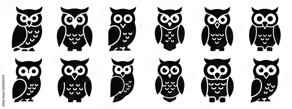 Obraz premium christmas owl icon set silhouette Vector illustration. Christmas vector icons and white background.