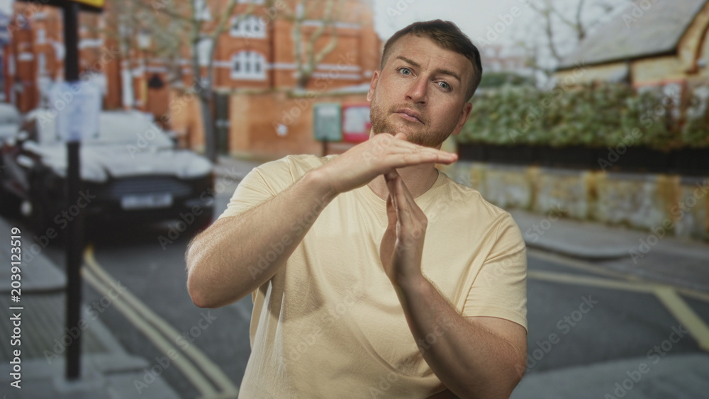Fototapeta premium Man making timeout gesture with hands on a city street in front of brick building and parked car; frustration warning.