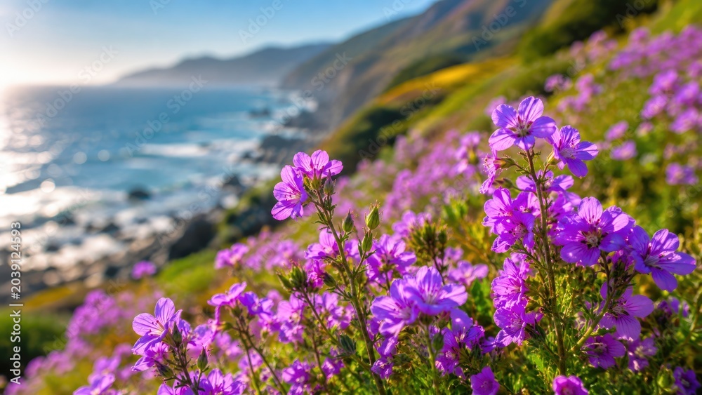 Fototapeta premium Purple Wildflowers Blooming on Scenic Coastal Cliff Overlooking Ocean and Mountains