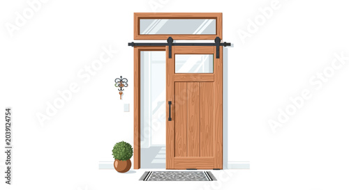 A rustic wooden sliding door with a glass transom window is installed on a black metal track against a minimalist white wall with a potted plant and key holder.