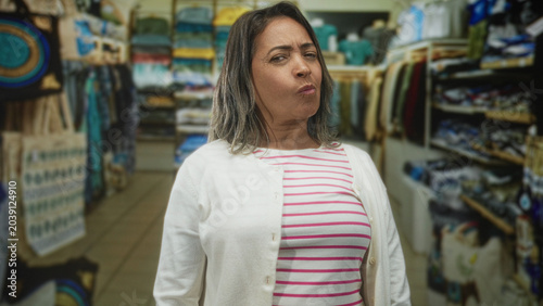 Fotografie Hispanic woman grimacing with closed eyes and wrinkled nose among store shelves in building aisle; disgust annoyance