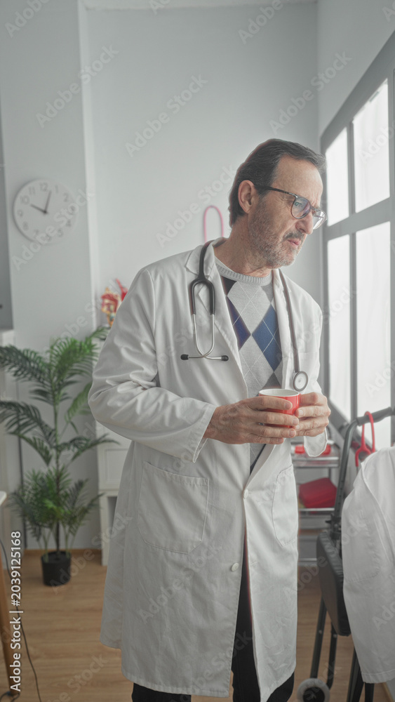 Fototapeta premium Man doctor in white coat holds red coffee cup with both hands and stethoscope at neck in medical building; quiet concern.