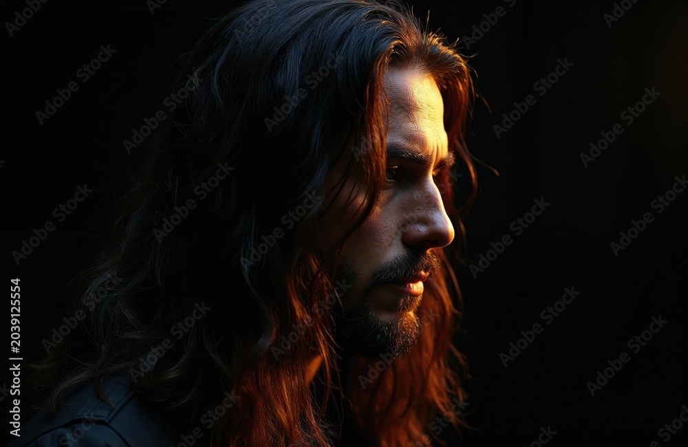 Fototapeta premium Man with long dark hair and beard profile. Dramatic low light sculpts face with warm side illumination. Moody portrait captures thoughtful intense gaze in studio.
