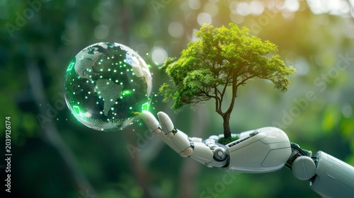 A robotic hand holding a glowing globe and a small tree, symbolizing the future of sustainability.