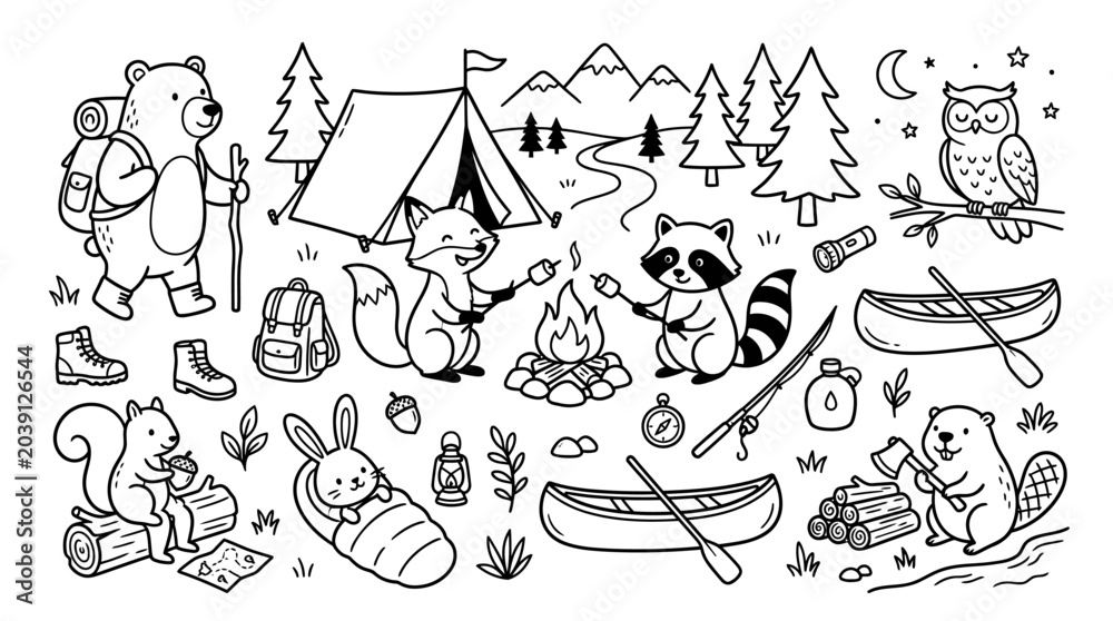 Fototapeta premium Camping animals in the woods scene.