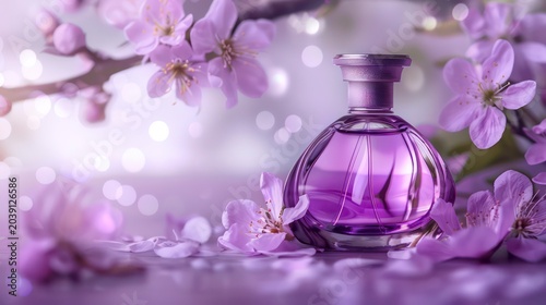 A purple perfume bottle with flower petals on a purple background.