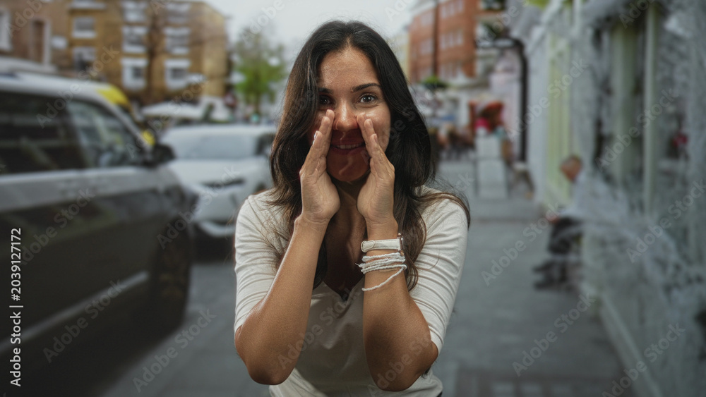 Fototapeta premium Woman cupping hands to mouth calling on a busy city street wearing white watch and braided bracelets, smiling with open mouth; joy announcement.