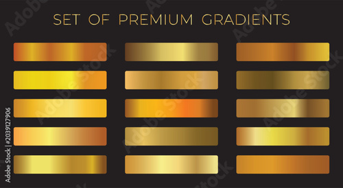 Golden gradients set. Metallic gold gradients. Elegant gold gradients isolated. gold foil texture .golden colour swatches.Set of colors for design,collections 