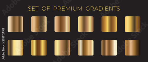 Luxury gold gradients vector. Golden gradients set of metallic festive gold vector color gradation collection. For Christmas cards, banners, rings, fonts, New Year Eve party flyers, invitation card