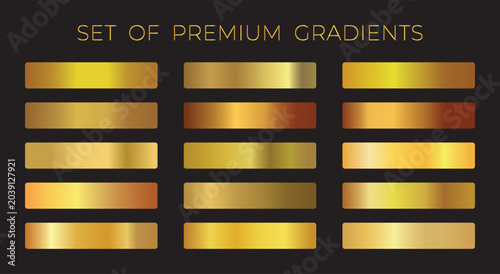 Golden gradients set. Metallic gold gradients. Elegant gold gradients isolated. gold foil texture .golden colour swatches.Set of colors for design,collections 