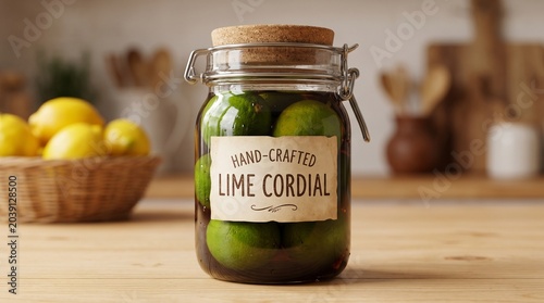 Hand crafted lime cordial in a glass jar with fresh lemons in a basket in the background