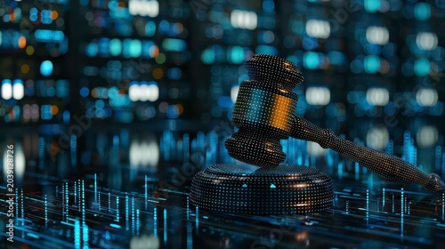 A digital gavel rests on a platform with glowing lines and a blurred city background.